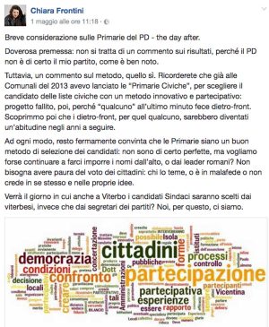 Il post Facebook di Chiara Frontini sulle primarie 