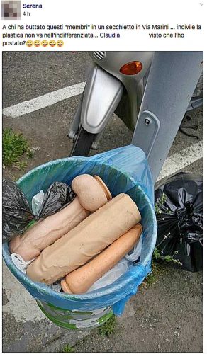 Viterbo - Tre grossi falli di gomma in un cestito della città - Il post pubblicato su Facebook