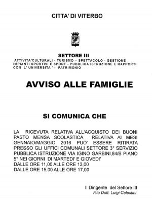 Ricevute mense scolastiche - L'avviso del comune