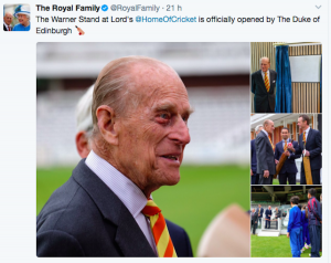 Principe Filippo - Il tweet sull'inaugurazione del campo da cricket