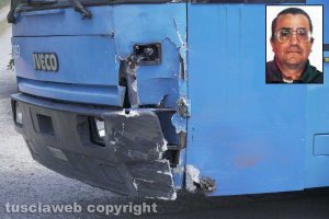 Viterbo – Incidente sulla Teverina – Il bus Cotral - Nel riquadro: Giancarlo Ambrosi