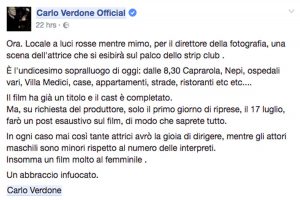Carlo verdone scrive sul suo profilo Facebook di alcuni sopralluoghi fatti nella Tuscia