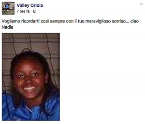 Il messaggio su Facebook dell'Oriolo volley per Nadia Ouedraogo