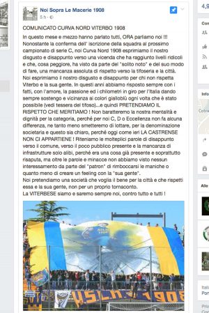 Sport - Calcio - Viterbese - Il comunicato della curva Nord