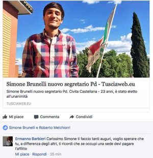 Civita Castellana - Pd - Il post sul neoeletto segretario commentato da Barbieri