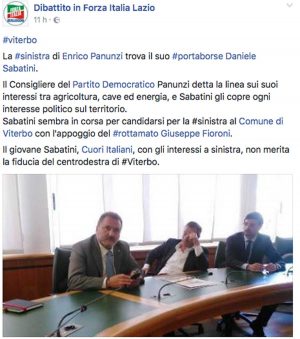 Il post Facebook del gruppo Forza Italia contro Sabatini