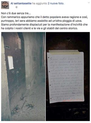 Il post su Facebook dello staff del Settantasette