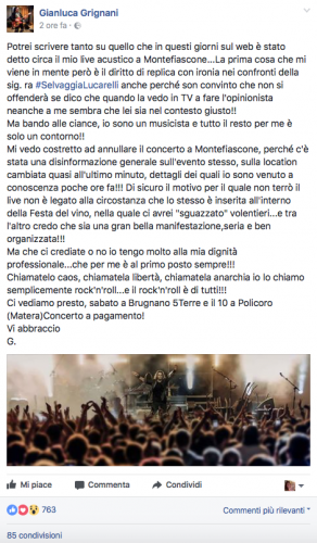 Montefiascone - L'annuncio del concerto annullato sul profilo di Gianluca Grignani