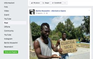 Il fake sulla pagina "Benito Mussolini - Aforismi e opere"