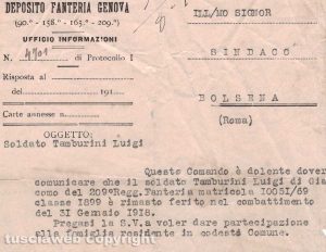 Grande guerra - Un secolo fa il ferimento del soldato Luigi Tamburini