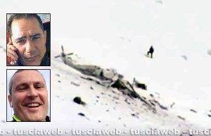 L'elicottero precipitato a Campo Felice - Nei riquadri: l'indagato Alfonso Friolo (in alto) e la vittima Ettore Palanca