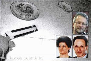 Delitto di Santa Lucia - Macchie di sangue sulle pareti della cucina - Nei riquadri, dall'alto: Ermanno Fieno, Rosa Franceschini e Gianfranco Fieno