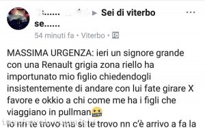Viterbo - Il post di allarme che circola su Facebook in cui una mamma scrive: "Un uomo ha importunato mio figlio..."