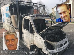 Viterbo - Il camion della Grazini Traslochi incendiato - Nei riquadri, dall'alto: Roberto Grazini e Rinaldo Della Rocca