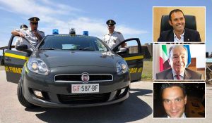 Guardi di Finanza - Nei riquadri, dall'alto: Sergio Caci, Carmelo Messina e Alessandro Fiordomi