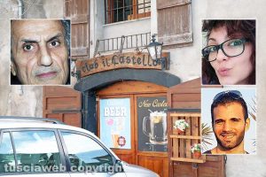 Il pub Il Castello di Ronciglione - Nei riquadri, dall'alto: Roberto Albano titolare del locale, Maria Sestina Arcuri e Andrea Landolfi