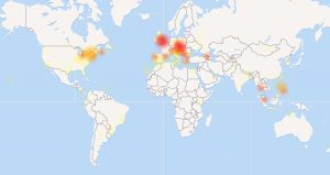 Cartina di down detector con le zone colpite dal malfunzionamento di Facebook