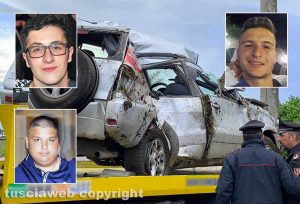 Civita Castellana - Incidente mortale in strada Falerina - Nei riquadri: Pierpaolo Bartoloni, Stefano Federici e Leonardo Marroni