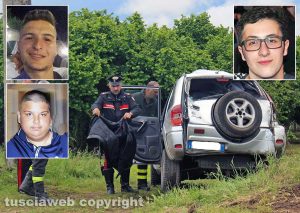 Civita Castellana - Incidente mortale in strada Falerina - Nei riquadri: Pierpaolo Bartoloni, Stefano Federici e Leonardo Marroni