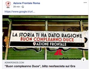 Roma - Lo striscione "Buon compleanno Duce"