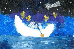 Il disegno "La Luna traghetta Gesù e la sacra famiglia" di Flavio Olimpieri