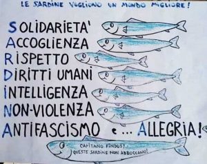 Uno dei manifesti del movimento delle sardine