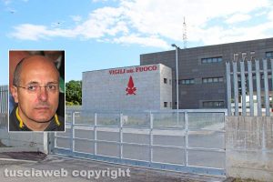 Viterbo - La caserma dei vigili del fuoco - Nel riquadro: Il comandante Davide Pozzi