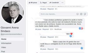 Il post sul profilo Facebook del sindaco Arena in cui un'utente dichiara: "Preferisco godermi le uscite e morire di virus piuttosto che sotto le mani dei tedeschi"
