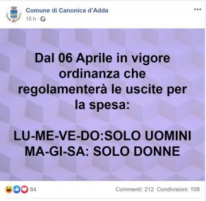 Canonica d'Adda - Il post in cui il comune annuncia la spesa a sessi alterni