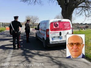 Celleno zona rossa - Un posto di blocco e nel riquadro il sindaco Marco Bianchi