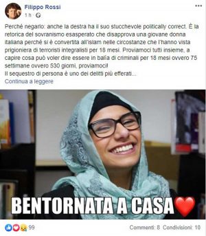 Filippo Rossi commenta la liberazione di Silvia Romano con una foto di Mia Khalifa