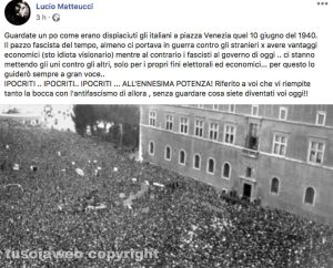 Il post nel profilo Facebook di Lucio Matteucci
