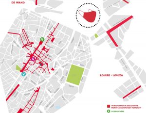 Una mappa di Bruxelles in cui si alternano vie con obbligo di mascherina all'aperto e vie senza