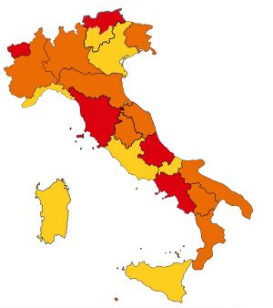 La mappa delle regioni italiane divisa per zone rosse, arancioni e gialle