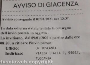 Tuscania - Avviso di giacenza recapitato a Antonio Rizzo