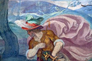 Un particolare delle lunette in via di restauro alla basilica della Quercia