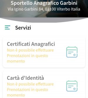 Anagrafe - La schermata della app per prenotare