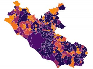 Incidenza cumulativa casi Covid-19 per comune (Mappa elaborata dalla Regione Lazio con dati aggiornati al 15\07)