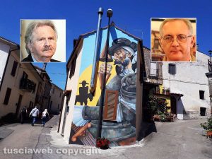 Uno dei murales di Sant'Angelo di Roccalvecce (nei riquadri Paolo Barbieri e Gianluca Chiovelli)