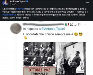 Il post con minacce ad Antonio Tajani