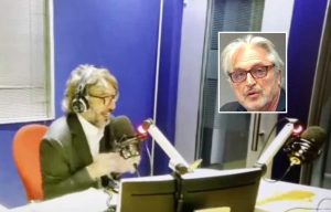 Giuseppe Cruciani durante la Zanzara - Nel riquadro: Guido Urbani