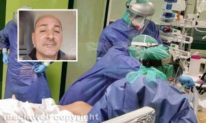 Coronavirus - Una terapia intensiva e nel riquadro Maurizio Achilli