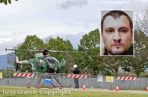 Civita Castellana - L'elicottero per le ricerche - Nel riquadro: Dmytro Rusinov