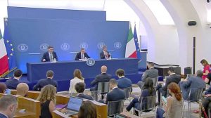 Roma - La conferenza stampa di Draghi, Giorgetti e Orlando