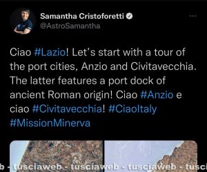 Samantha Cristoforetti saluta Civitavecchia dallo spazio