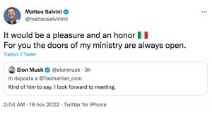 Elon Musk risponde a Salvini a Twitter