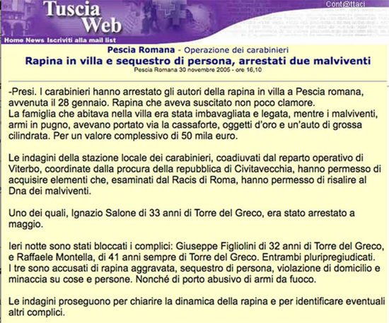 Banda di Ignazio Salone - Articolo di Tusciaweb del 30 novembre 2005