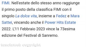 La pagina Wikipedia di Tananai dove viene indicato come vincitore di Sanremo 2023