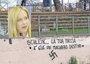 Viterbo - La scritta contro Elly Schlein - Nel riquadro: Giorgia Meloni