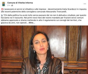 Viterbo - Comune - Il post con il comunicato dell'assessora Scardozzi